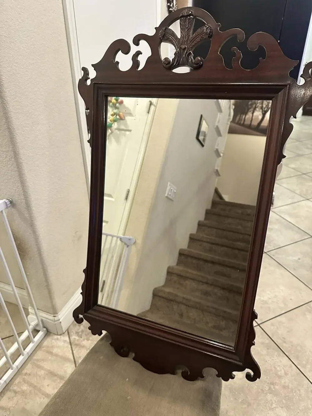 Antique Feather Scroll Mahogany Hall Mirror W/ original 1900s Shipping Tag